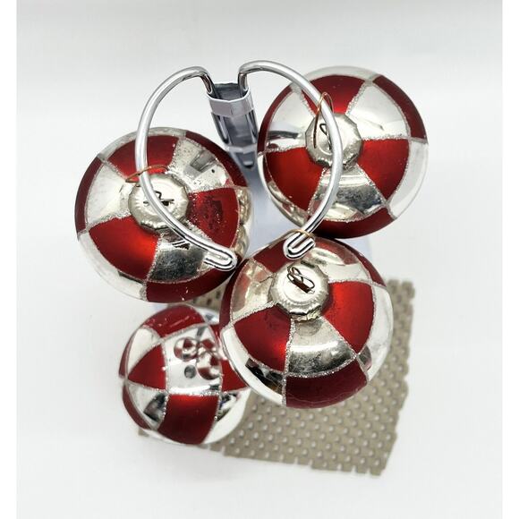 4 Vintage Mercury Ornaments Glass Christmas Silver & Red With Glitter Tree READ - Picture 4 of 4